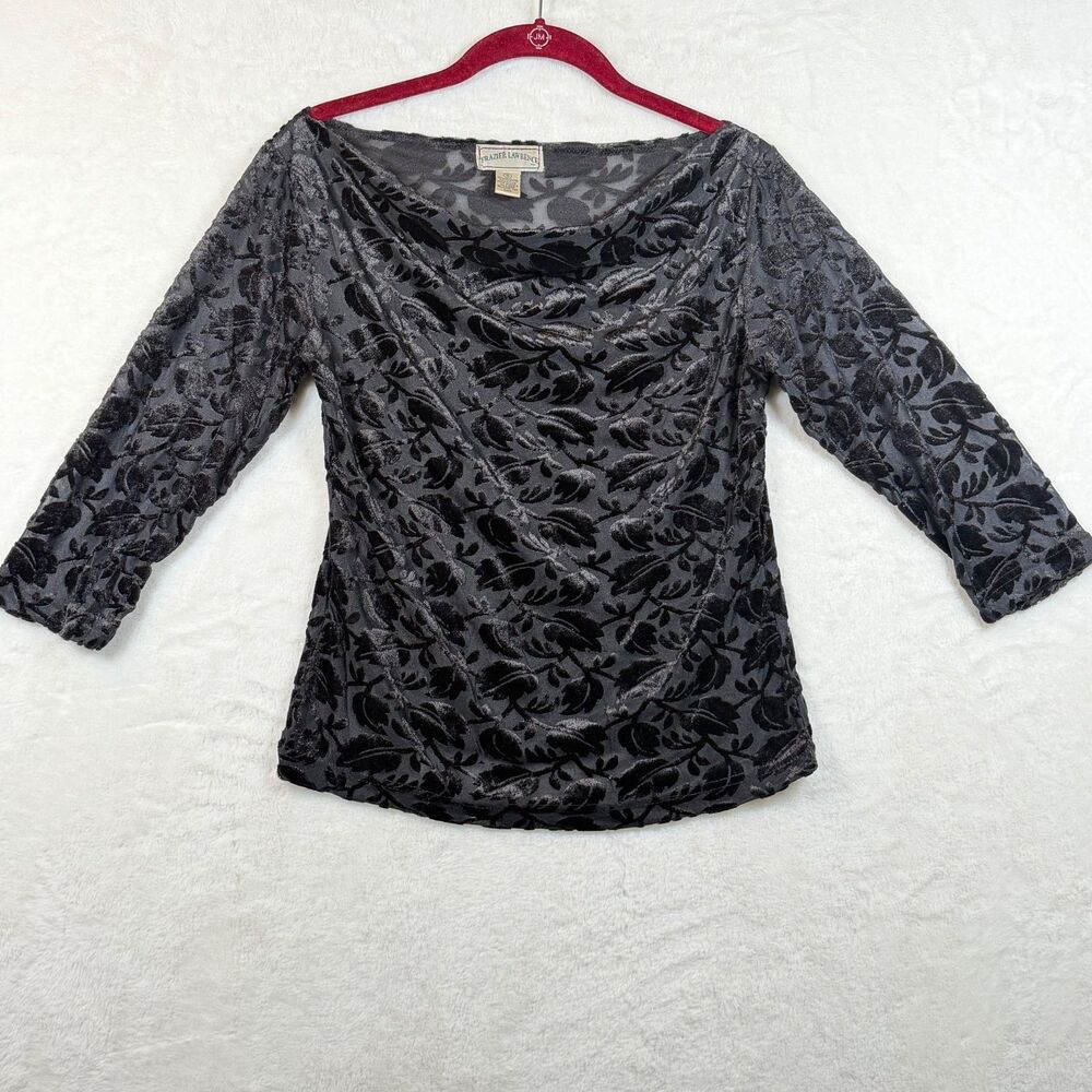 Frazier Lawrence Velvet Burnout Top Womens S Black Floral Cowl Neck 3/4 Sleeve